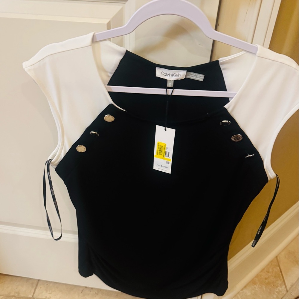 Calvin Klein Black and White Button-Accent Blouse